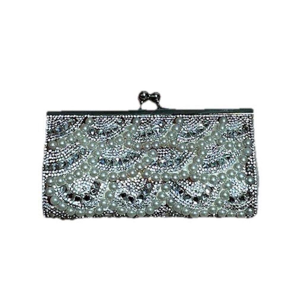 Charming Charlie RSVP Clutch Purse WALLET Rhinestone Satin 8"X4" Pre-owned